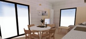 Staszów - Nowoczesny domek modułowy z jasnym wnętrzem, wyposażony w okrągły stół i drewniane krzesła, idealny do relaksu. Przestrzeń doskonale nadaje się na domki mobilne lub domy modułowe, oferując wygodę i styl w compactowej formie.