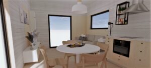 Ropczyce - Nowoczesny domek modułowy z jasnym wnętrzem, okrągłym stołem i wygodną sofą. Idealny jako domek mobilny lub dom mobilny, łączący funkcjonalność z estetyką. Przestronny design i duże okna zapewniają naturalne światło, co czyni go doskonałym wyborem dla osób szukających domów modułowych.