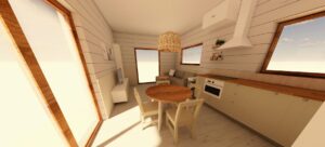 Nowoczesny domek modułowy z przestronnym wnętrzem, wyposażony w stół jadalny, wygodny zestaw wypoczynkowy oraz aneks kuchenny. Idealny jako domek mobilny lub dom modułowy, łączący funkcjonalność i komfort w kompaktowej formie. - Mścice