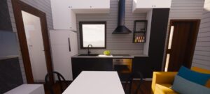 Nowoczesna kuchnia w domku modułowym, z funkcjonalnym układem i eleganckim wykończeniem. Idealna przestrzeń do gotowania w domach mobilnych. Wnętrze charakteryzuje się minimalistycznym stylem, co sprawia, że domek mobilny jest wygodny i stylowy. - Olecko