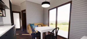 Nowoczesny domek modułowy z jasnym wnętrzem, wyposażony w stół i krzesła, oraz wygodną sofę. Duże okna zapewniają naturalne światło i widok na okolicę, idealny dla osób szukających domków mobilnych lub domów modułowych na wypoczynek. - Staszów