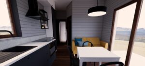 Nowoczesny domek modułowy z przestronnym wnętrzem, wyposażonym w kuchnię, stół i wygodną sofę. Idealny przykład domku mobilnego, który łączy funkcjonalność z estetyką. Doskonałe rozwiązanie dla tych, którzy szukają komfortowych domów mobilnych. - Mścice