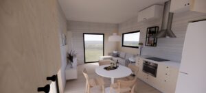 Nowoczesny domek modułowy z przestronnym wnętrzem, wyposażony w jasny salon i jadalnię. Idealny jako domek mobilny lub dom mobilny, oferujący komfortowe warunki do życia i wypoczynku. Otwarta przestrzeń z dużymi oknami zapewnia naturalne światło i widok na otaczającą przyrodę. - Mścice