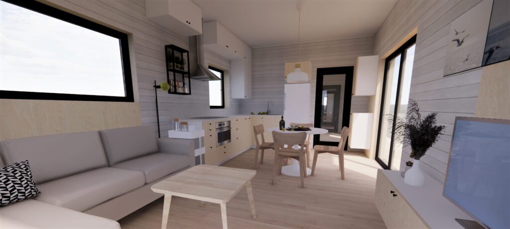Nowoczesny wnętrze domku modułowego z jasną kuchnią, stołem i krzesłami, idealne dla osób szukających komfortowych domków mobilnych. Przestrzeń zaprojektowana z myślą o funkcjonalności i estetyce, doskonała jako domek mobilny lub dom modułowy.