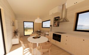 Nowoczesny domek modułowy z przestronnym wnętrzem, wyposażony w kuchnię, jadalnię i strefę wypoczynkową. Idealny jako domek mobilny lub dom mobilny, oferujący komfortowe warunki do życia. Świetne rozwiązanie dla osób szukających domów modułowych w atrakcyjnej lokalizacji. - Tuchom