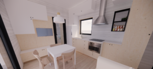 Nowoczesna kuchnia w domku modułowym, z jasnym wnętrzem, drewnianymi meblami i sprzętem AGD, idealna do życia w domach mobilnych. Przestrzeń zaprojektowana z myślą o funkcjonalności i wygodzie, typowa dla domków mobilnych. - Grodzisk Mazowiecki