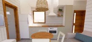 Mścice - Nowoczesna kuchnia w domku modułowym z drewnianym stołem i stylowym oświetleniem. Idealne rozwiązanie dla osób szukających domków mobilnych lub domów modułowych. Przestronny układ i funkcjonalność w domach mobilnych.