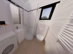 Nowoczesna łazienka w domku modułowym, wyposażona w prysznic, toaletę i umywalkę. Idealne rozwiązanie dla osób poszukujących domków mobilnych lub domów modułowych. Przestronne wnętrze zapewnia komfort i funkcjonalność w domach mobilnych. - Ełk