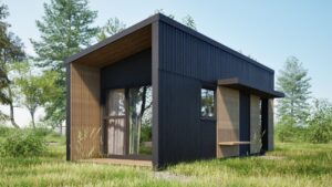 Mielec - Nowoczesny domek modułowy z dużymi oknami, idealny jako domek mobilny lub dom mobilny. Stylowa architektura oraz funkcjonalne rozwiązania sprawiają, że to doskonały wybór dla osób poszukujących komfortowych domów modułowych w otoczeniu natury.