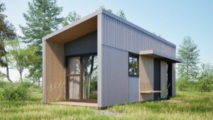 Mielec - Nowoczesny domek modułowy z drewnianymi akcentami, idealny jako domek mobilny lub dom mobilny. Przestronny design i funkcjonalność sprawiają, że jest to doskonały wybór dla osób szukających domów modułowych w otoczeniu natury.