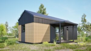 Olecko - Nowoczesny domek modułowy z drewnianą elewacją, idealny jako domek mobilny lub dom mobilny. Przestronny i funkcjonalny, doskonały do użytku rekreacyjnego lub całorocznego.