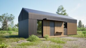 Kluczbork - Nowoczesny domek modułowy z drewnianymi akcentami, idealny jako domek mobilny lub dom mobilny, otoczony zielenią. Przykład funkcjonalnego designu domów modułowych, który łączy estetykę z praktycznością.