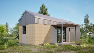 Nysa - Nowoczesny domek modułowy z dużymi oknami i zadaszonym tarasem, idealny jako domek mobilny lub dom mobilny. Stylowy projekt z drewnianą elewacją, doskonały dla osób szukających funkcjonalnych domów modułowych.