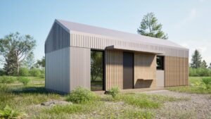 Nowoczesny domek modułowy z metalową elewacją i dużymi oknami, idealny jako domek mobilny lub dom mobilny. Przykład innowacyjnego designu w kategorii domków modułowych, otoczony zielenią. - Głubczyce