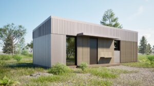 Nowoczesny domek modułowy z aluminiową elewacją, idealny jako domek mobilny lub dom mobilny, otoczony zielenią. Perfekcyjne rozwiązanie dla osób poszukujących funkcjonalnych domów modułowych. - Ełk