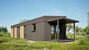 Nowoczesny domek modułowy z przestronnym tarasem, idealny jako domek mobilny lub dom mobilny. Doskonałe rozwiązanie dla osób poszukujących funkcjonalnych i estetycznych domów modułowych w otoczeniu natury. - Olecko