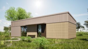 Piaseczno - Nowoczesny domek modułowy z dużymi oknami, otoczony zielenią, idealny jako domek mobilny lub dom mobilny. Doskonałe rozwiązanie dla osób poszukujących komfortu w domach modułowych.