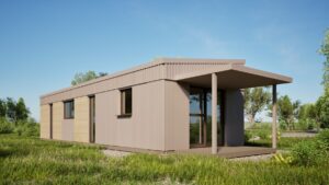 Olecko - Modułowy domek mobilny z dużymi oknami, zlokalizowany w otoczeniu zieleni, idealny jako dom mobilny lub domek modułowy na działkę.