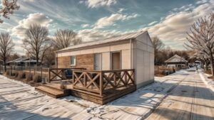 Domek modułowy z drewnianym tarasem, idealny jako dom mobilny. Przestronny i nowoczesny, doskonały do zastosowań rekreacyjnych lub stałego zamieszkania. Domki modułowe oferują wygodę i mobilność w atrakcyjnej lokalizacji. - Tuchom