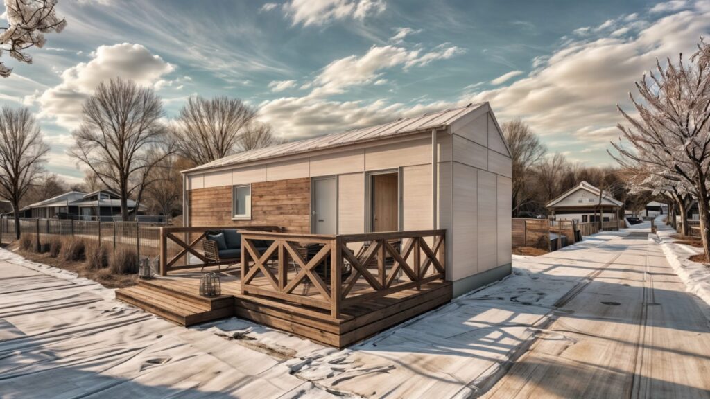 Domek modułowy z drewnianym tarasem, idealny jako domek mobilny lub dom mobilny. Nowoczesny design i funkcjonalność, doskonałe rozwiązanie dla osób poszukujących domków modułowych na każdą porę roku.