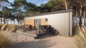 Nowoczesny domek modułowy z tarasem, wykonany z materiałów odpornych na warunki atmosferyczne, idealny jako domek mobilny na wakacje. Otoczenie leśne podkreśla zalety domów mobilnych, oferując komfort i bliskość natury. - Ropczyce