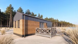 Nowoczesny domek modułowy z drewnianą elewacją, położony w lesie, idealny jako domek mobilny na wakacje. Oferuje komfortowe warunki do wypoczynku w otoczeniu natury. Idealny przykład domów modułowych, które łączą funkcjonalność z estetyką. - Namysłów