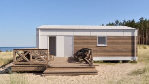 Tuchom - Domek modułowy z tarasem, idealny na wakacje, wykonany z drewna i materiałów ekologicznych, umiejscowiony w otoczeniu natury. Doskonały przykład domków mobilnych, które łączą nowoczesny design z funkcjonalnością. Idealny jako domek mobilny na działkę lub dom mobilny do zamieszkania.