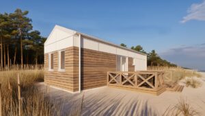 Kluczbork - Domek modułowy z drewnianą elewacją i tarasem, idealny jako domek mobilny lub dom mobilny. Przykład nowoczesnych domów modułowych, które łączą funkcjonalność z estetyką, doskonały na wakacje lub stałe zamieszkanie.