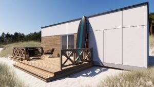 Mścice - Nowoczesny domek modułowy z tarasem, idealny na wakacje. Domek mobilny z przestronnym wnętrzem, umiejscowiony w malowniczej okolicy, doskonały jako dom mobilny na każdą porę roku.