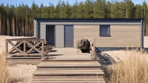 Nowoczesny domek modułowy z tarasem, wykonany z drewna, idealny jako domek mobilny lub dom mobilny. Otoczenie leśne podkreśla funkcjonalność i estetykę domków modułowych. - Mścice