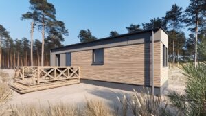 Nowoczesny domek modułowy z drewnianą elewacją, idealny jako domek mobilny. Przestronny projekt z tarasem, doskonały na wakacje lub jako dom mobilny. Wysoka jakość wykonania i funkcjonalność w jednym. - Namysłów