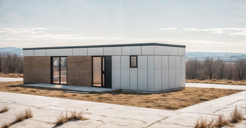 Nowoczesny domek modułowy z dużymi oknami, idealny jako domek mobilny lub dom mobilny. Konstrukcja składa się z paneli prefabrykowanych, co czyni go doskonałym wyborem dla osób szukających funkcjonalnych i estetycznych domów modułowych.