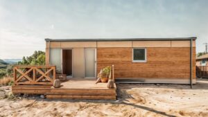 Olecko - Nowoczesny domek modułowy z drewnianą elewacją i tarasem, idealny jako mobilny dom. Przykład domków mobilnych, które oferują komfort i funkcjonalność w atrakcyjnej formie.