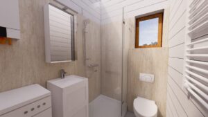 Nowoczesna łazienka w domku modułowym, z prysznicem, umywalką i toaletą. Idealne rozwiązanie dla osób poszukujących domków mobilnych i domów modułowych. Praktyczny design i funkcjonalność sprawiają, że domek mobilny staje się komfortowym miejscem do życia. - Głubczyce