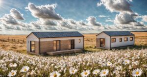 Namysłów - Dwa nowoczesne domki modułowe w otwartym polu z kwitnącymi stokrotkami na pierwszym planie.