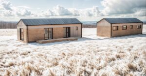 Kępno - Dwa nowoczesne, drewniane modułowe domki na zaśnieżonej łące, na tle górskiego pejzażu z chmurami.