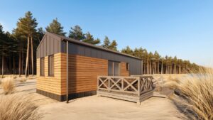 Nowoczesny domek modułowy z drewnianą elewacją i tarasem, idealny jako domek mobilny lub dom mobilny. Doskonałe rozwiązanie dla osób szukających funkcjonalnych i estetycznych domów modułowych w otoczeniu natury. - Mścice