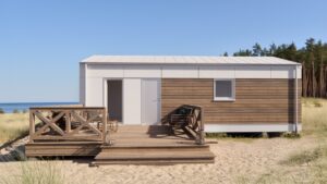 Olecko - Domek modułowy z drewnianym tarasem, idealny jako domek mobilny na wakacje. Nowoczesny design i funkcjonalność sprawiają, że jest to doskonały wybór dla osób szukających domów modułowych.