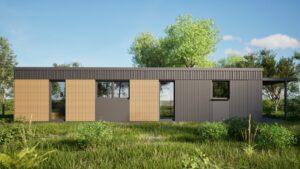 Modułowy domek mobilny w otoczeniu zieleni, idealny jako domek letniskowy lub całoroczny. Nowoczesny design i funkcjonalność, doskonały wybór dla osób szukających domów modułowych i mobilnych. - Mielec