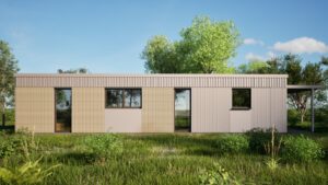 Mścice - Modułowy domek mobilny otoczony zielenią, z nowoczesnym designem i dużymi oknami, idealny jako dom mobilny lub domek modułowy do wypoczynku.