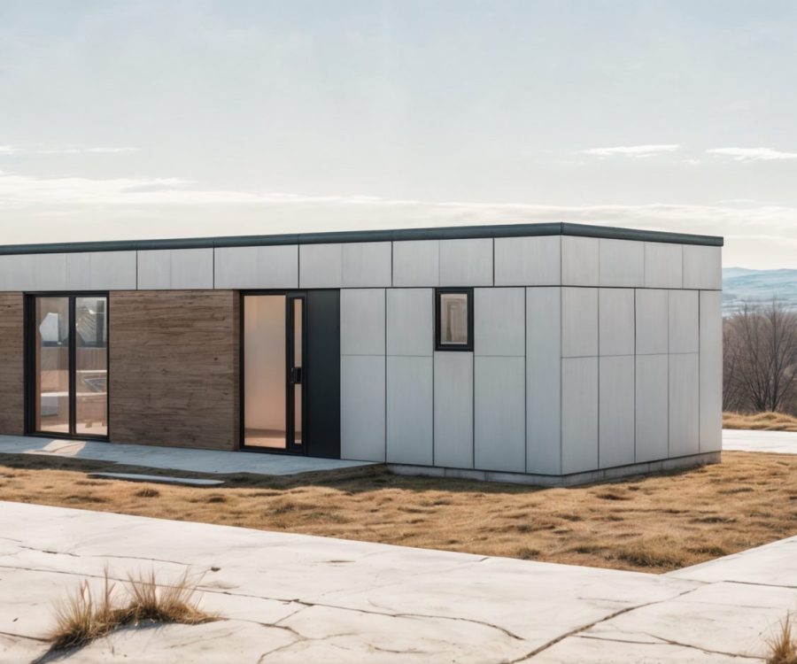 Nowoczesny domek modułowy z dużymi oknami, idealny jako domek mobilny lub dom mobilny. Konstrukcja składa się z paneli prefabrykowanych, co czyni go doskonałym wyborem dla osób szukających funkcjonalnych i estetycznych domów modułowych.