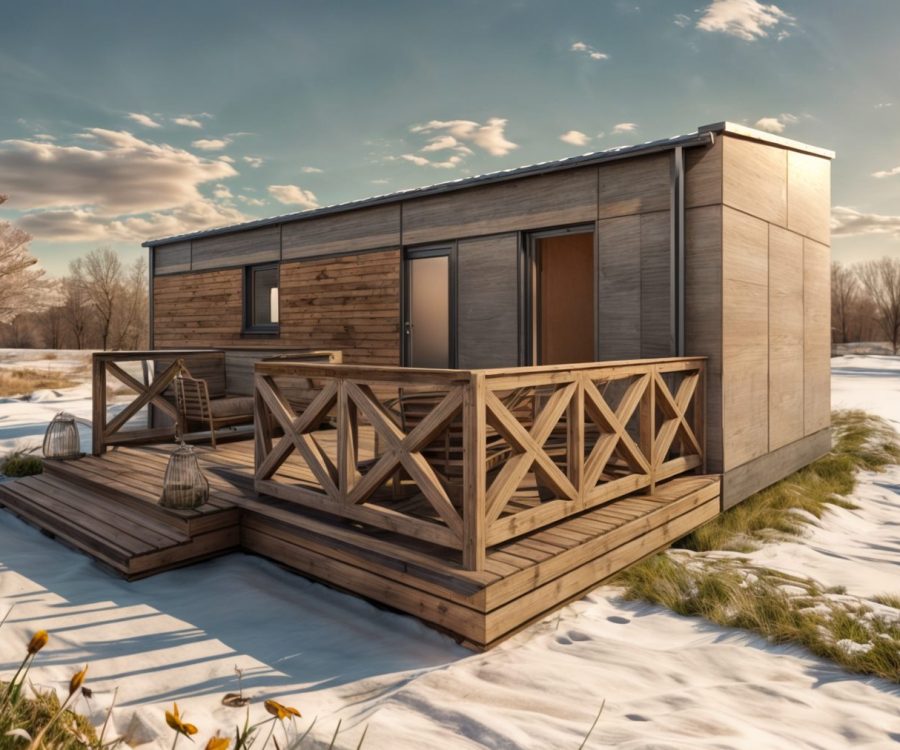 Modułowy domek mobilny z drewnianym tarasem, idealny jako domek letniskowy lub całoroczny. Innowacyjny design i funkcjonalność domów modułowych, które można łatwo przenieść w inne miejsce.